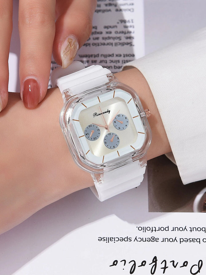 Shein- Silicone Strap Square Pointer Quartz Watch