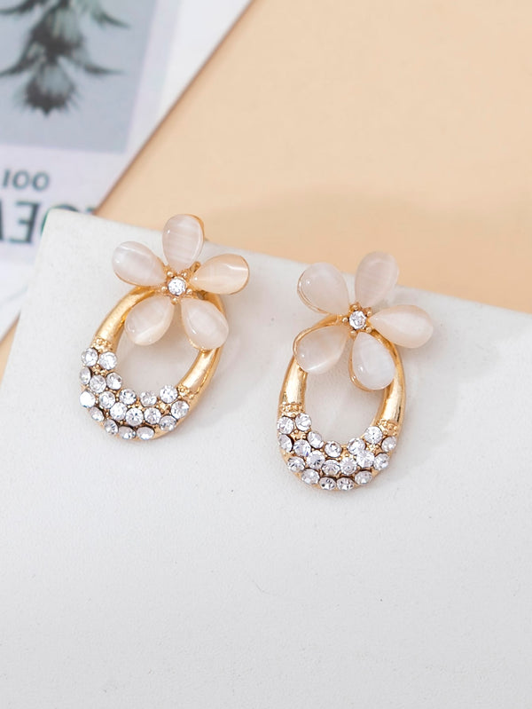 Shein - Rhinestone & Flower Decor Stud Earrings