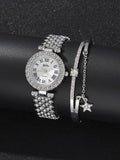 Shein - 1Pc Rhinestone Decor Round Pointer Quartz Watch & 1Pc Bracelet