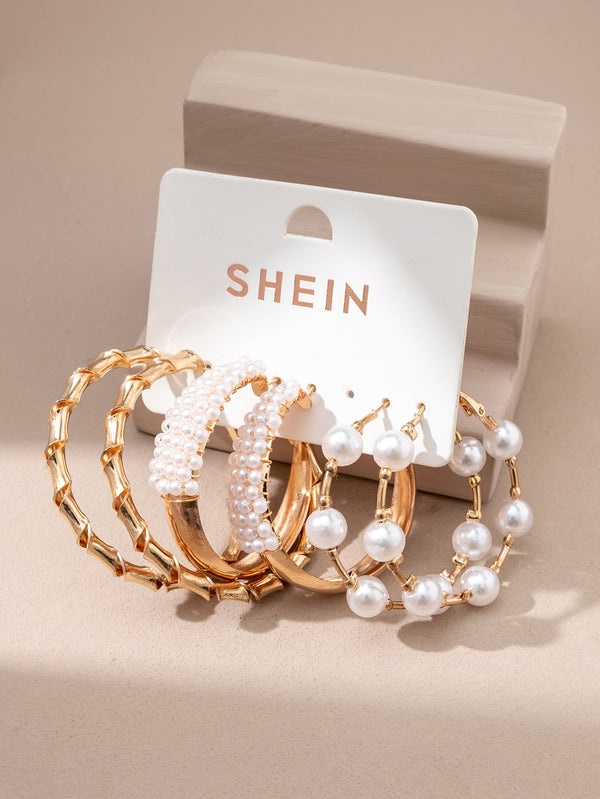 Shein - 3pairs Faux Pearl &  Bamboo Joint Decor Hoop Earrings