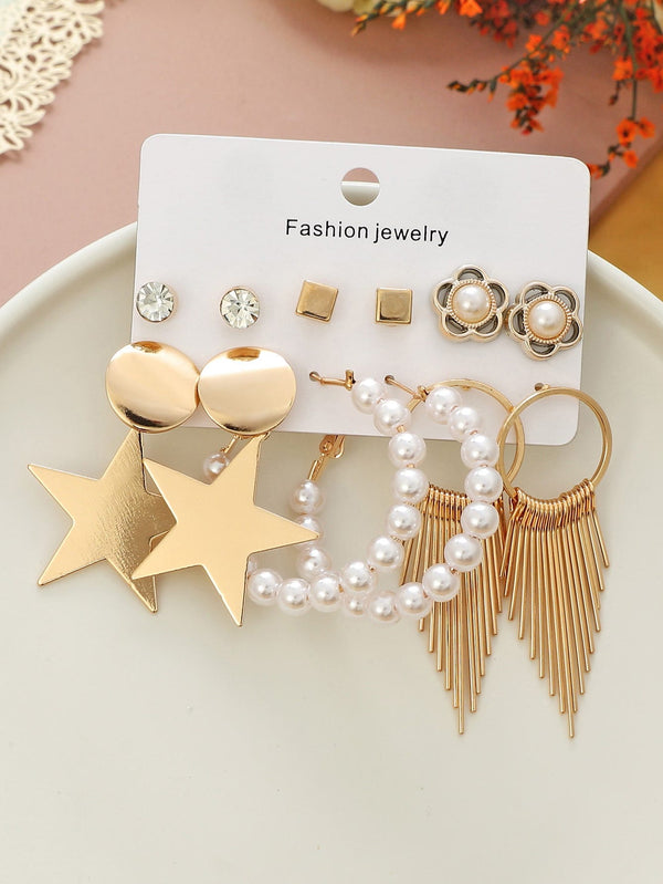 Shein - 6pairs Star & Faux Pearl Decor Earrings