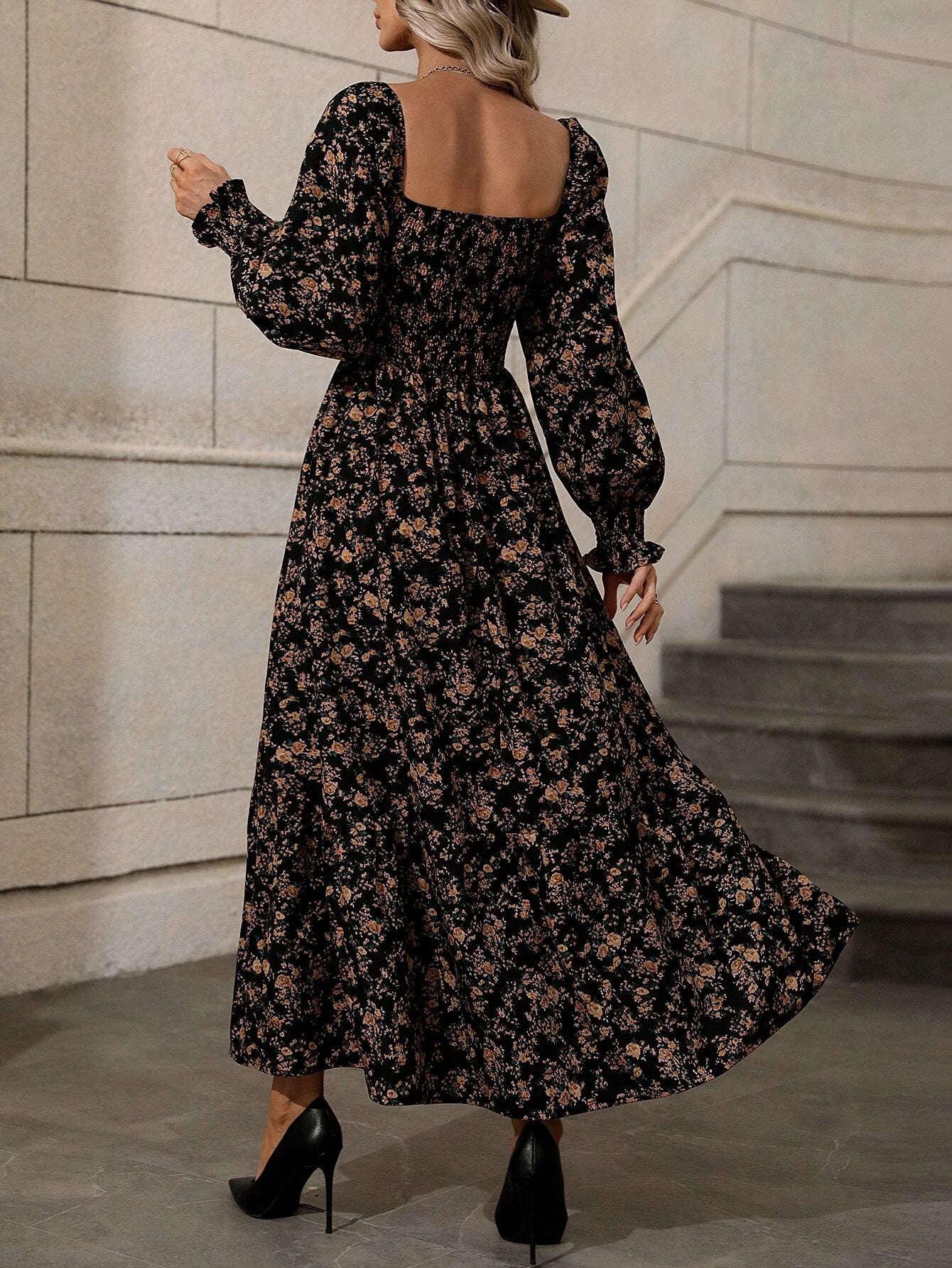 Shein Allover Floral Print Square Neck Bishop Sleeve Dress – Bagallery