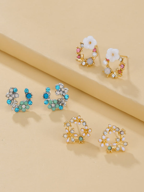 Shein - 3pairs Rhinestone & Flower Decor Stud Earrings