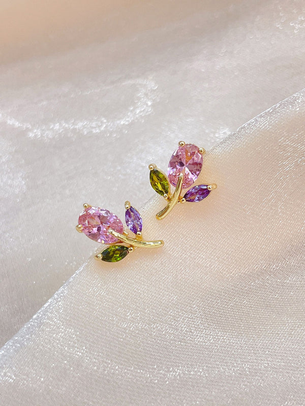 Shein - Cubic Zirconia Flower Design Stud Earrings