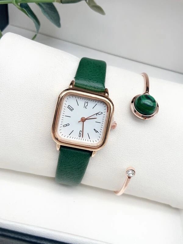 Shein- One Piece Square Round Quartz Watch And One Piece Open Bracelet