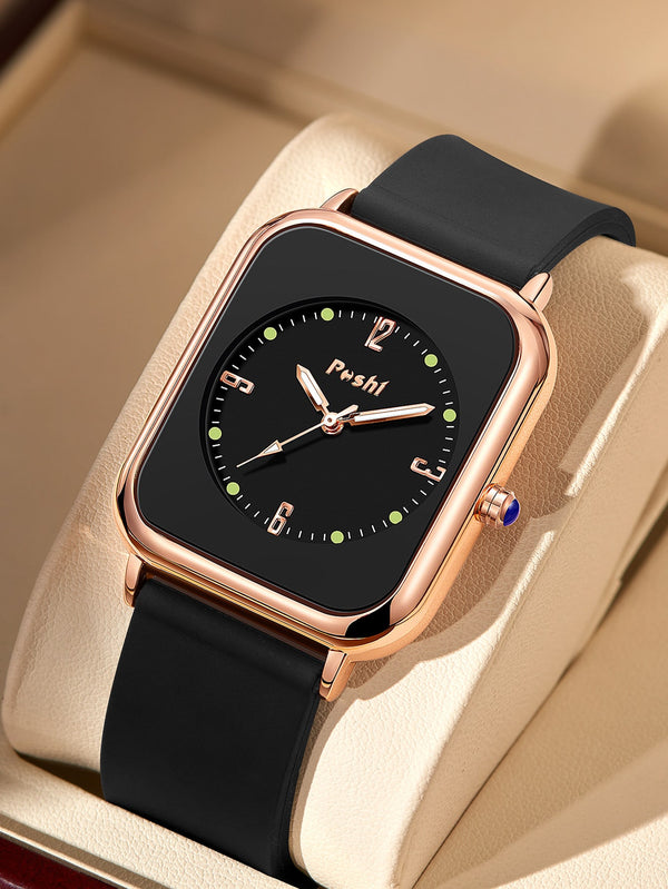 Shein - Silicone Strap Square Dial Quartz Watch