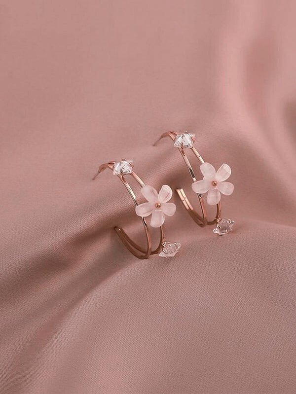 Shein - Rhinestone & Flower Decor Hoop Earrings