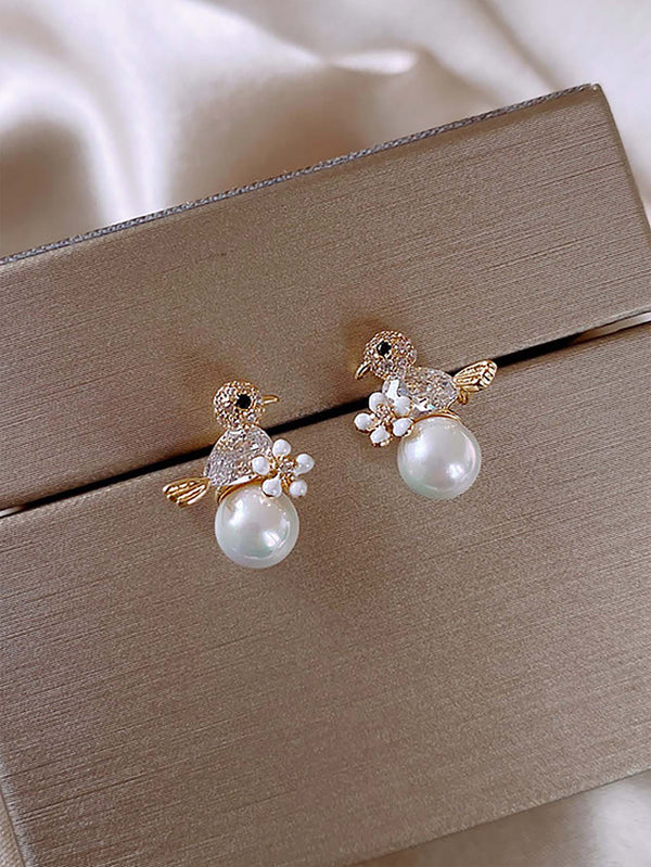 Shein - Rhinestone Bird & Faux Pearl Decor Stud Earrings