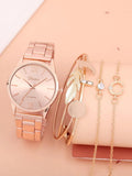 Shein - 1pc Round Pointer Quartz Watch & 5pcs Bracelet