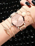 Shein - 1pc Round Pointer Quartz Watch & 5pcs Bracelet