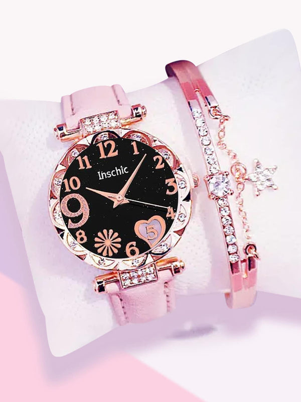 Shein - 1pc Rhinestone Decor Quartz Watch & 1pc Bracelet