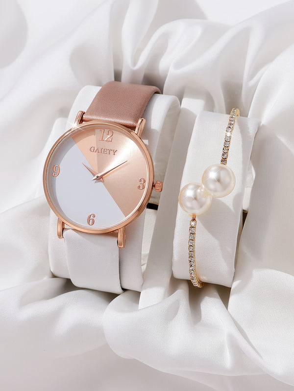 Shein - 1pc Color Block Round Pointer Quartz Watch & 1pc Bracelet