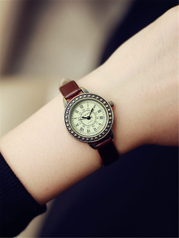 Shein - 1pc Brown PU Polyurethane Strap Vintage Round Dial Quartz Watch, For Daily Life