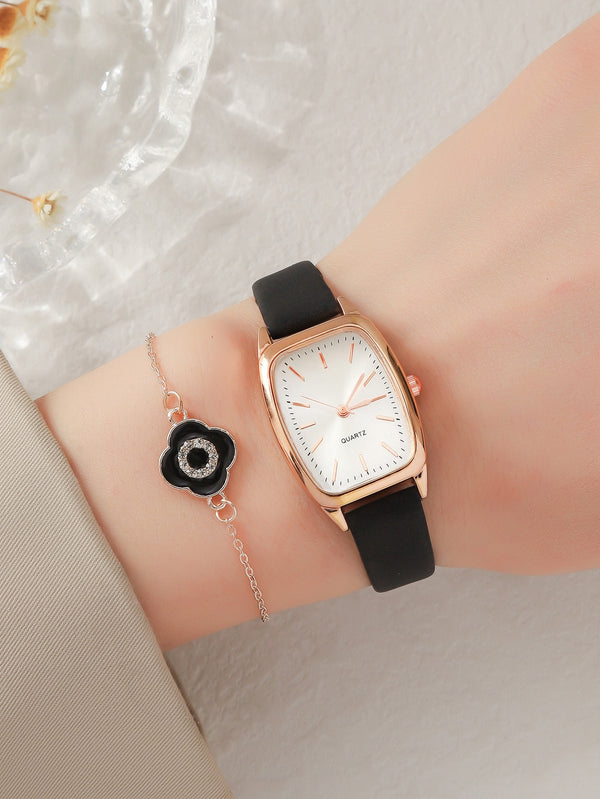 Shein - 1pc Black PU Polyurethane Strap Elegant Square Dial Quartz Watch & 1pc Bracelet, For Daily Life