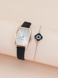 Shein - 1pc Black PU Polyurethane Strap Elegant Square Dial Quartz Watch & 1pc Bracelet, For Daily Life