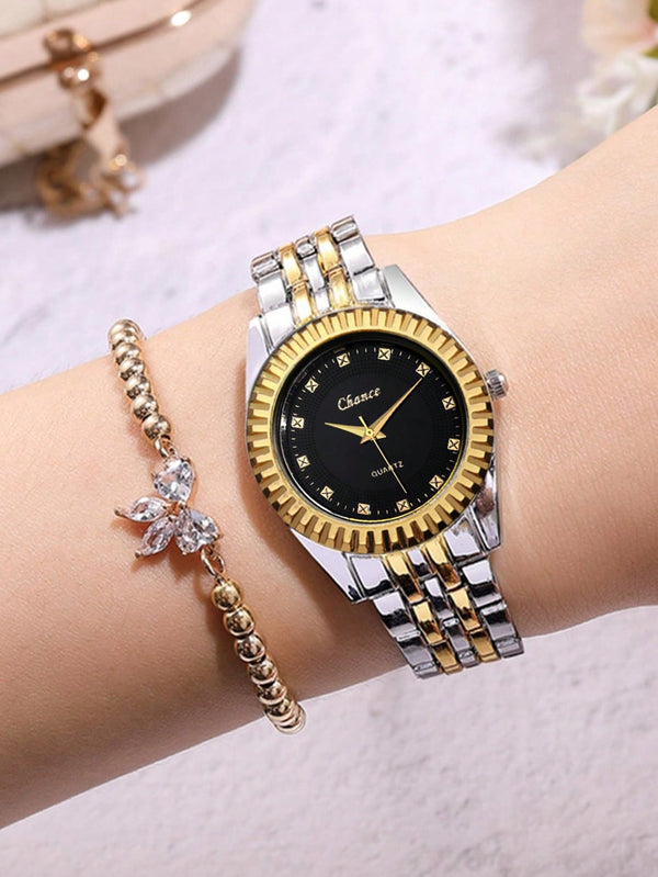 Shein - 1pc Rhinestone Decor Quartz Watch & 1pc Bow Decor Bracelet