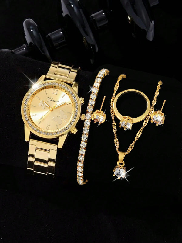 Shein - 1pc Rhinestone Decor Quartz Watch & 5pcs Jewelry Set