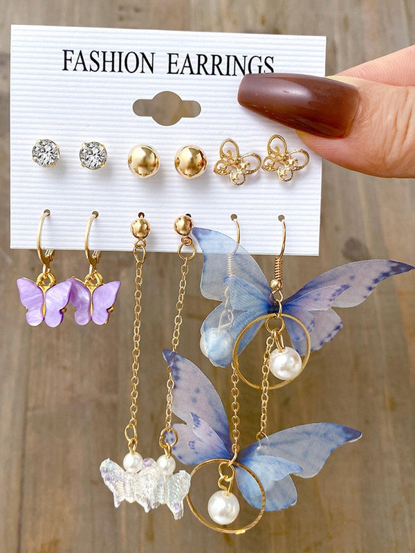 Shein - 6pairs/set Butterfly & Faux Pearl Decor Earrings