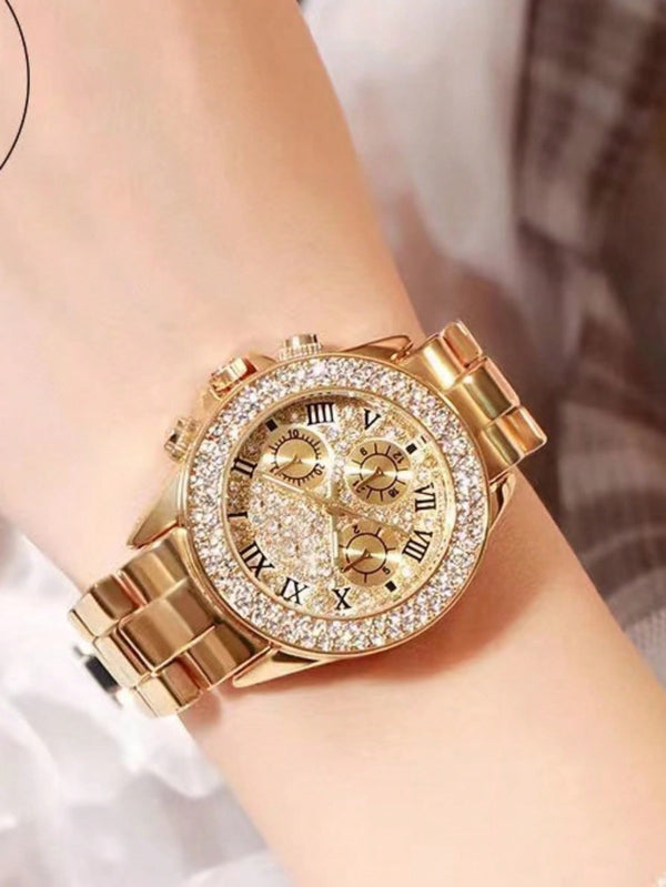 Shein - 1pc Women Gold Alloy Strap Glamorous Water Resistant Rhinestone Decor Round Dial Quartz Watch