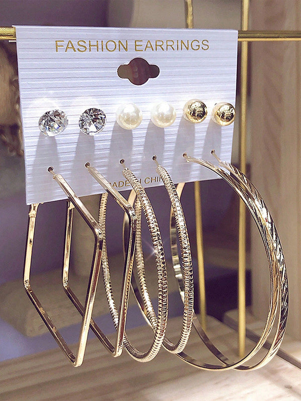 Shein - 6pairs Exaggerated Fashionable Mix Style Earrings Set Including Pearl, Rhinestone & C Design Hoop Earrings