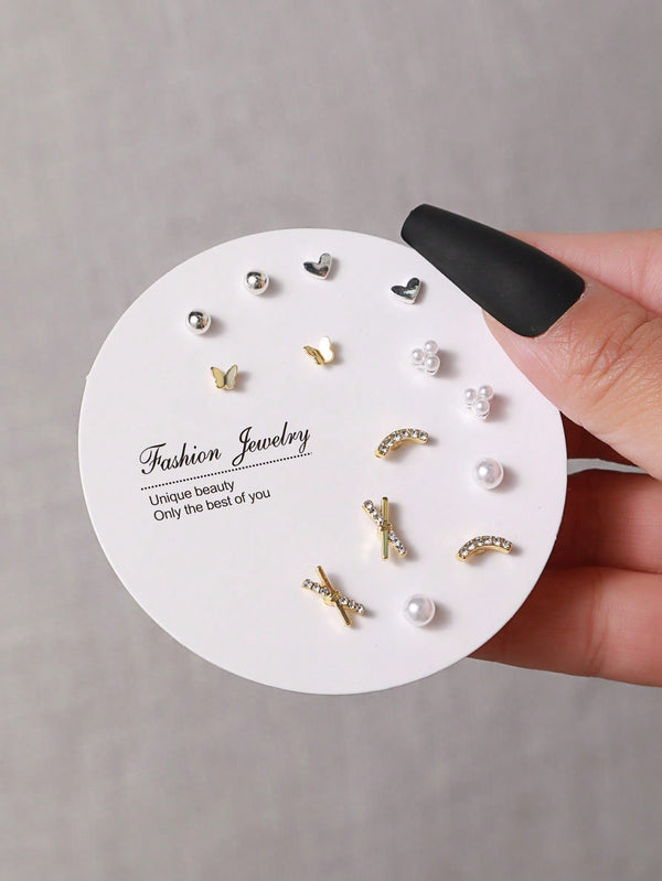 Shein - 7pairs/set Fashion Faux Pearl & Butterfly Stud Earrings For Women For Daily Decoration