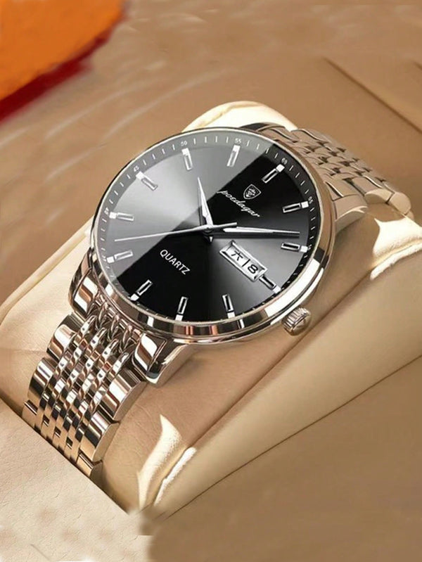 Shein - 1pc Men Silver Zinc Alloy Strap Casual Calendar Round Dial Quartz Watch, For Daily Life