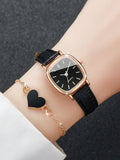 Shein - 1pc Black PU Polyurethane Strap Fashionable Letter Detail Square Dial Quartz Watch & 1pc Heart Decor Bracelet, For Daily Decoration