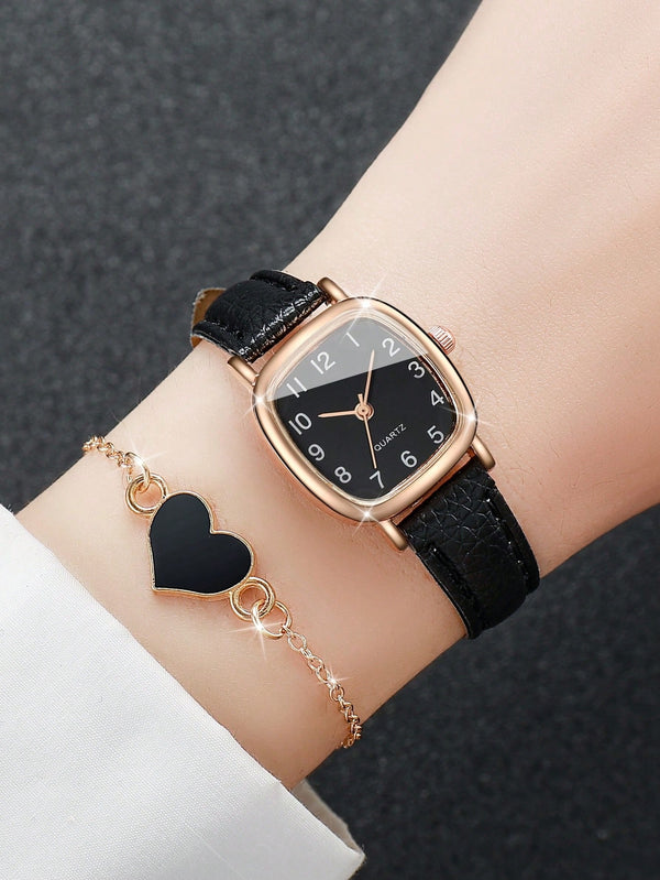 Shein - 1pc Black PU Polyurethane Strap Fashionable Letter Detail Square Dial Quartz Watch & 1pc Heart Decor Bracelet, For Daily Decoration