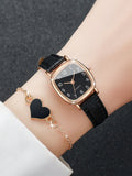 Shein - 1pc Black PU Polyurethane Strap Fashionable Letter Detail Square Dial Quartz Watch & 1pc Heart Decor Bracelet, For Daily Decoration