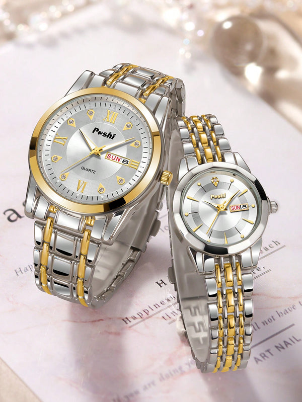 Shein - 2pcs Couple Two Tone Zinc Alloy Strap Fashionable Rhinestone Decor Calendars Water Resistance Round Dial Quartz Watch, For Gift