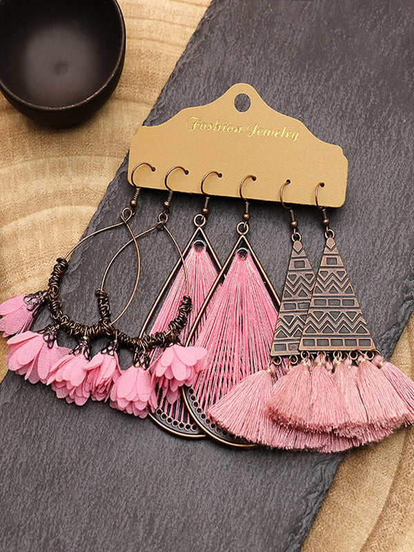 Shein - 6pcs/set Vintage Bohemian Style Women's Flower, Tassel & Geometric Drop Earring Set Beach Holiday Personalized Women's Accessories