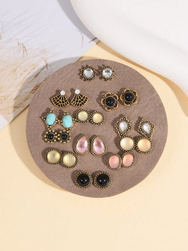 Shein - 12pairs/set Turquoise & Flower Decor Stud Earrings