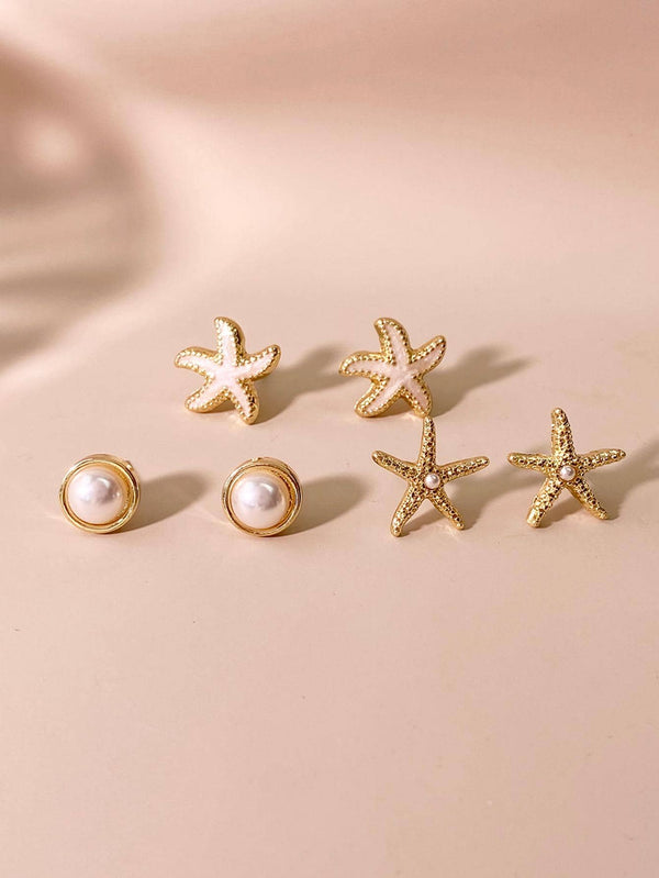 Shein - 3pairs/set Starfish & Faux Pearl Decor Stud Earrings