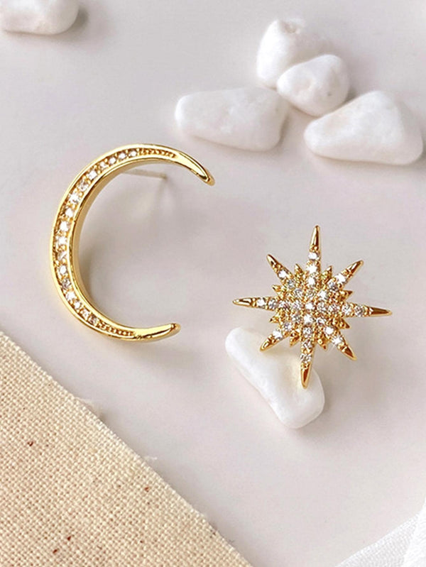 Shein - Rhinestone Moon & Star Decor Mismatched Stud Earrings