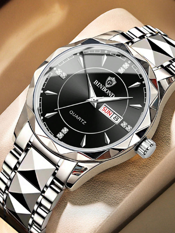 Shein - Men Silver Stainless Steel Strap Strap Business Rhinestone Decor Calendars Water Resistance Round Dial Quartz Watch, For Daily Life Waterproof