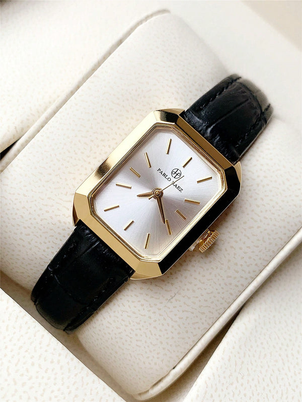 Shein - 1pc Women's Casual Golden Wristwatch, Stainless Steel 18k Gold Square Case, Simple Style White Dial, Black Leather Strap, Elegant Waterproof Automatic Quartz Electronic Watch, Suitable For Daily Life And Work