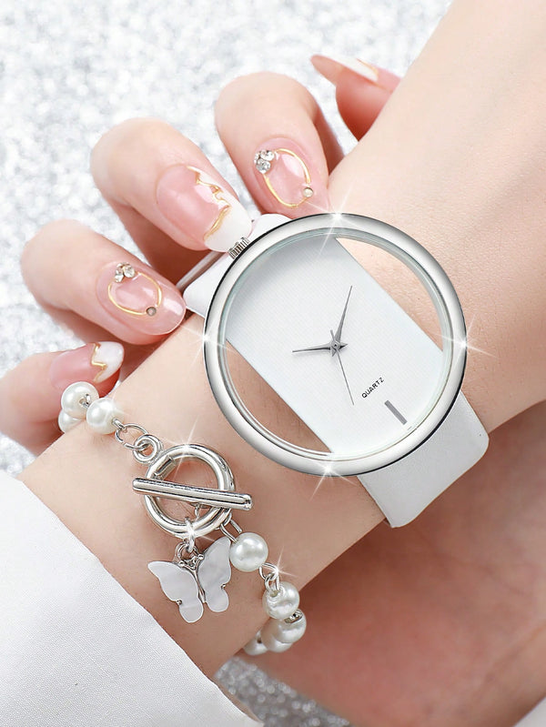 Shein - 1pc Minimalist Round Pointer Quartz Watch & 1pc Butterfly Charm Bracelet