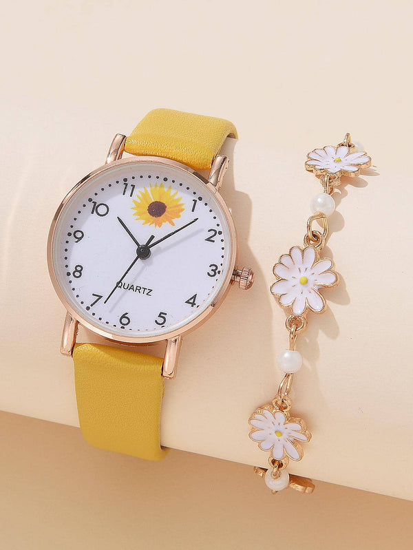 Shein - 1pc Flower Print Dial Quartz Watch & 1pc Bracelet