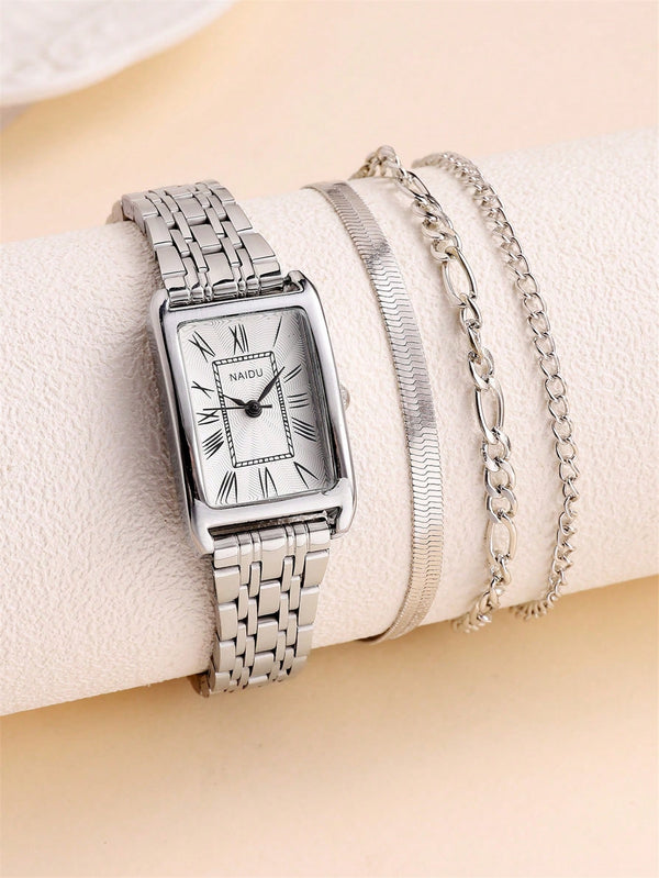 Shein - 1pc Rectangle Pointer Quartz Watch & 1pc Bracelet