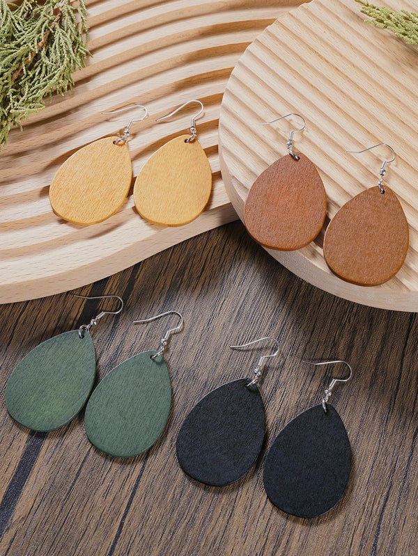 Shein - 4pairs/set Wooden Water Drop Earrings