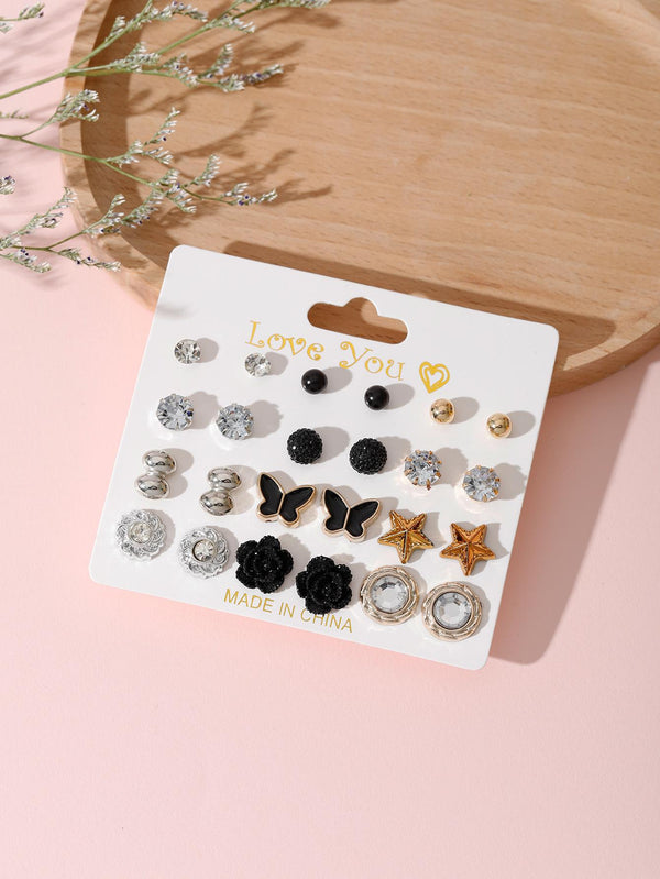 Shein - Rhinestone & Flower Decor Stud Earrings