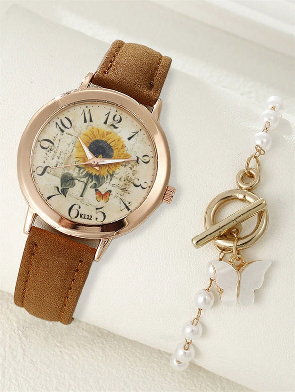 Shein - 1pc Floral Dial Quartz Watch & 1pc Butterfly Charm Bracelet