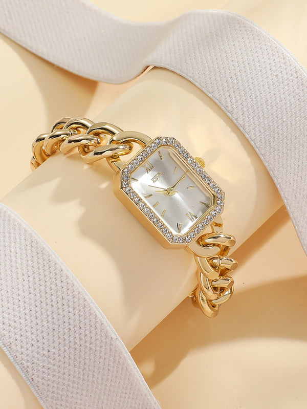 Shein - 1pc Women Gold Zinc Alloy Strap Glamorous Rhinestone Decor Polygon Dial Quartz Watch, For Daily Life