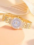 Shein - 1pc Women Zinc Alloy Strap Glamorous Rhinestone Decor Round Dial Quartz Watch & 5pcs Jewelry Set, For Daily Decoration