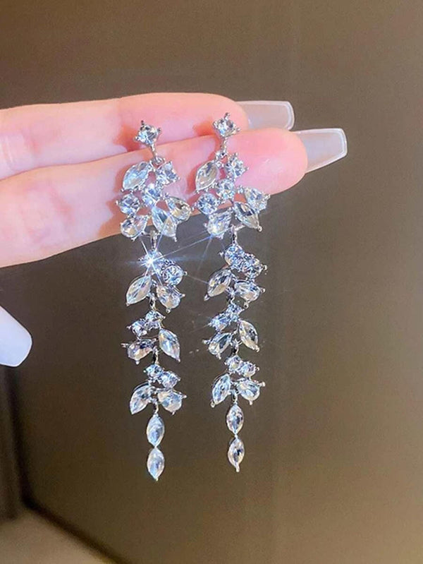 Shein - 1pair Long Crystal & Rhinestone Decor Leaf Shaped Ear Hangers Leaf Jewelry