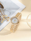 Shein - 1pc Women Gold Zinc Alloy Strap Fashionable Rhinestone Decor Round Dial Quartz Watch, For Daily Decoration