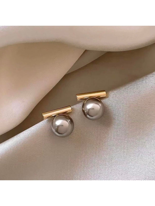 Shein - 1pair Copper Imitation Pearl Grey Color Women's Light Luxury Elegant Versatile Stud Earrings