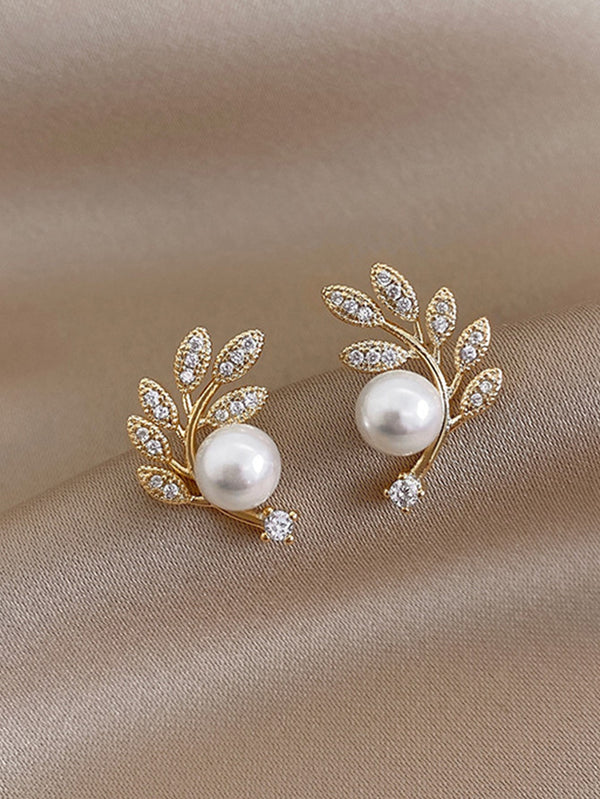 Shein - 1pair Leaf-shaped Earrings With Tiny Imitation Pearls And Crystal Decor, Fashionable & Unique Design