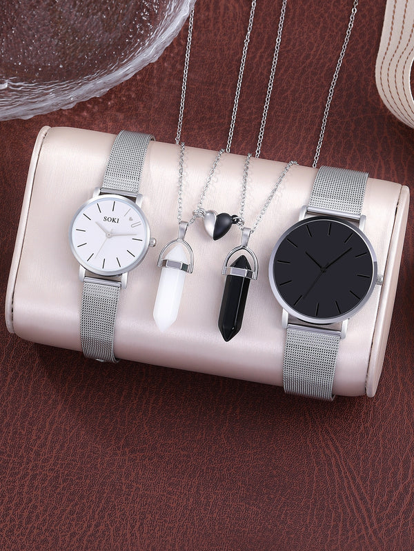 Shein - 2pcs Couple Fashionable Quartz Watches And 2pcs Magnetic Couple Heart Shaped Necklaces