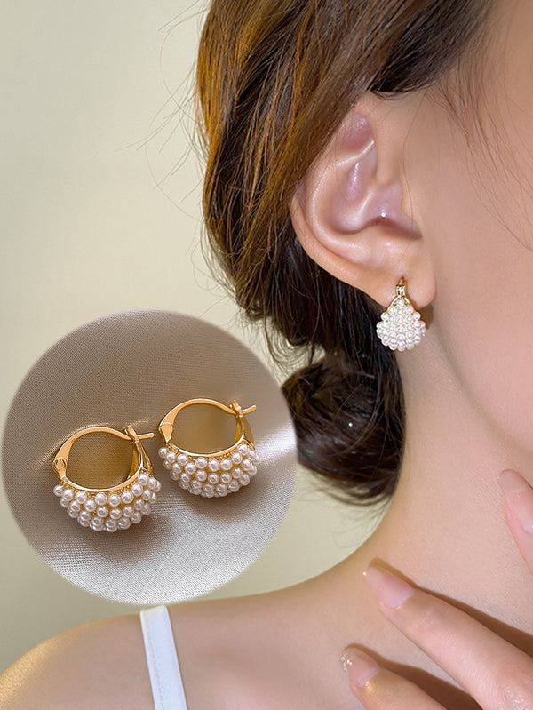 Shein - 1pair New Fashion Faux Pearl Flower Basket Design Simple & Unique Earrings For Women, Versatile Accessory